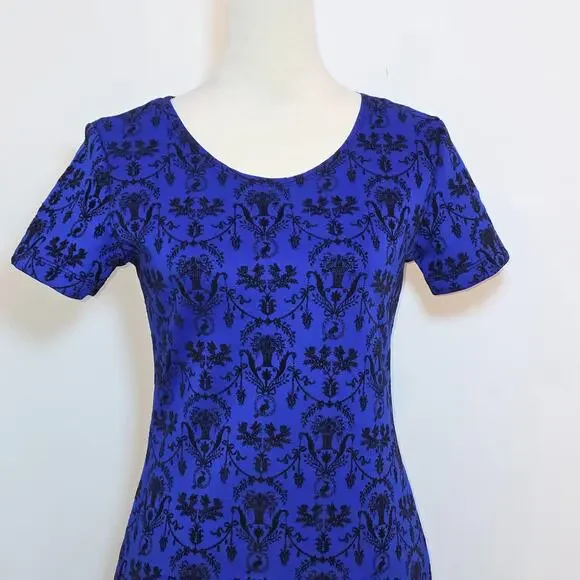 Vintage Royal Blue Black Velvet Flocked Damask Regencycore Dress Bodycon SZ S - Picture 2 of 6